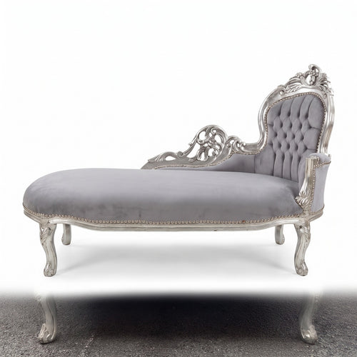 Casa Padrino Barock Chaiselongue Rechte Seite Grau / Silber 155 cm - Barock Möbel (KI Studio)