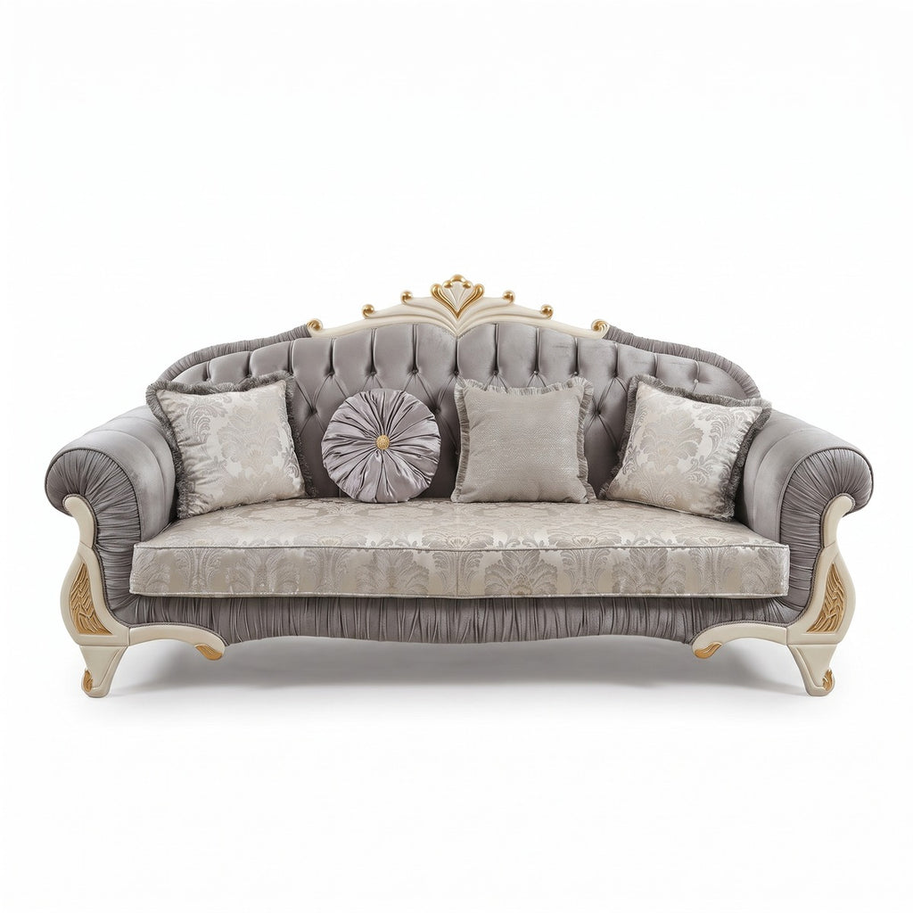 Casa Padrino Luxus Barock Sofa in Grau, Creme und Gold, 225 cm - Prunkvolles Barock Möbelstück (KI Studio)