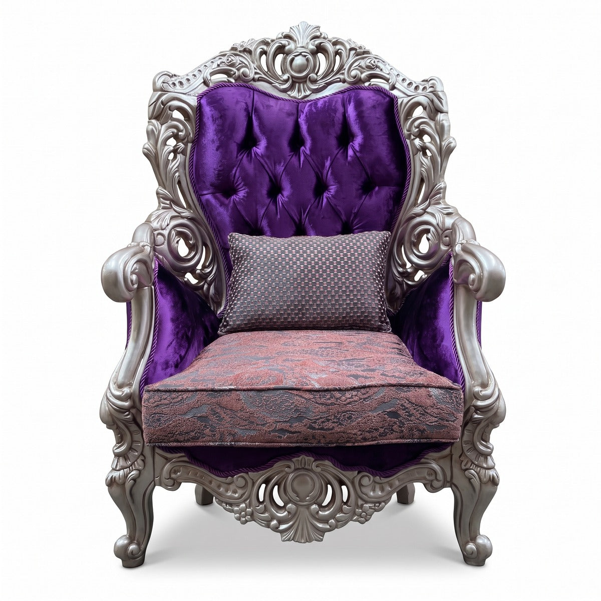 Casa Padrino Luxus Barock Wohnzimmer Sessel in Lila und Silber, Breite 90 cm, Höhe 126 cm (KI Studio)