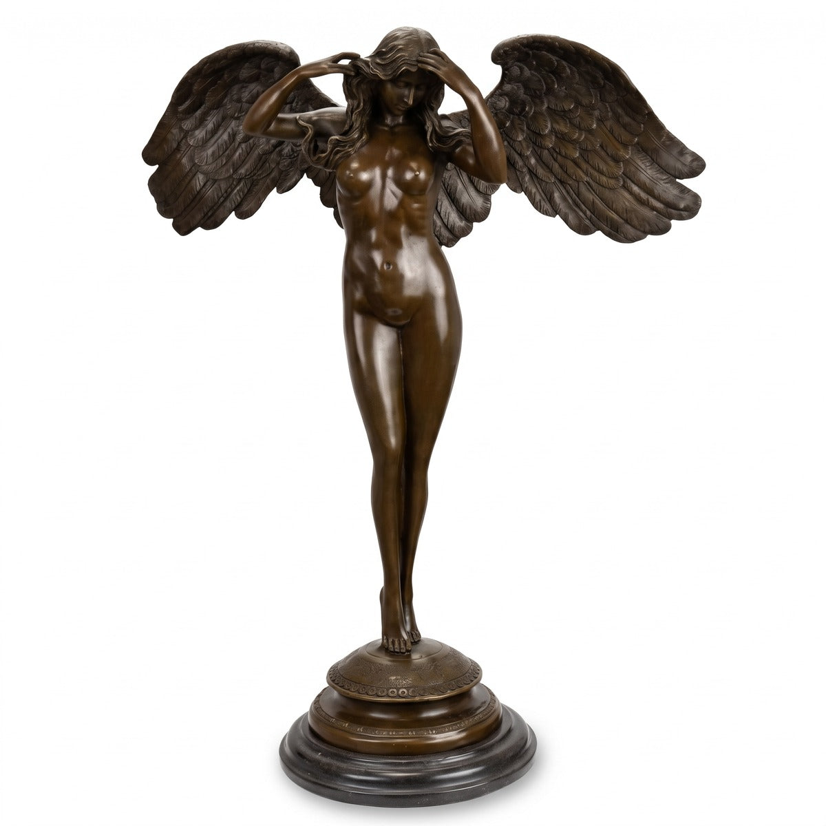 Casa Padrino Luxus Jugendstil Deko Skulptur Engel Bronze / Schwarz 48,7 x 22 x H. 60,7 cm - Bronze Figur mit Marmorsockel - Barock & Jugendstil Bronze Skulpturen (KI weiss) 1
