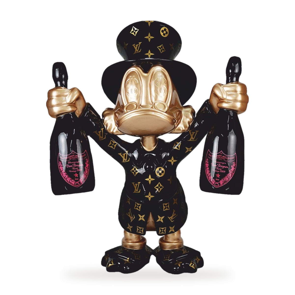 Casa Padrino XXL Deko Skulptur Ente Schwarz / Gold H. 170 cm - Große Deko Figur (freigestellt)