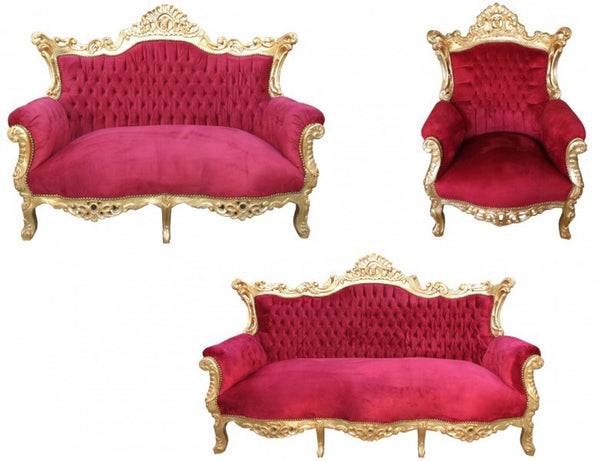 Casa Padrino Barock Wohnzimmer Set Master in Bordeaux Rot und Gold, 3er Sofa, 2er Sofa und Sessel