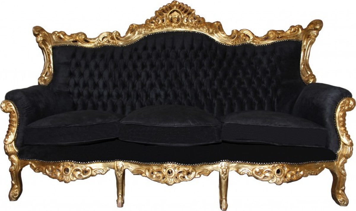 Casa Padrino Barock 3er Sofa Master Schwarz / Gold, Breite 210 cm, Höhe 135 cm, Tiefe 90 cm, Luxus Wohnzimmer Couch