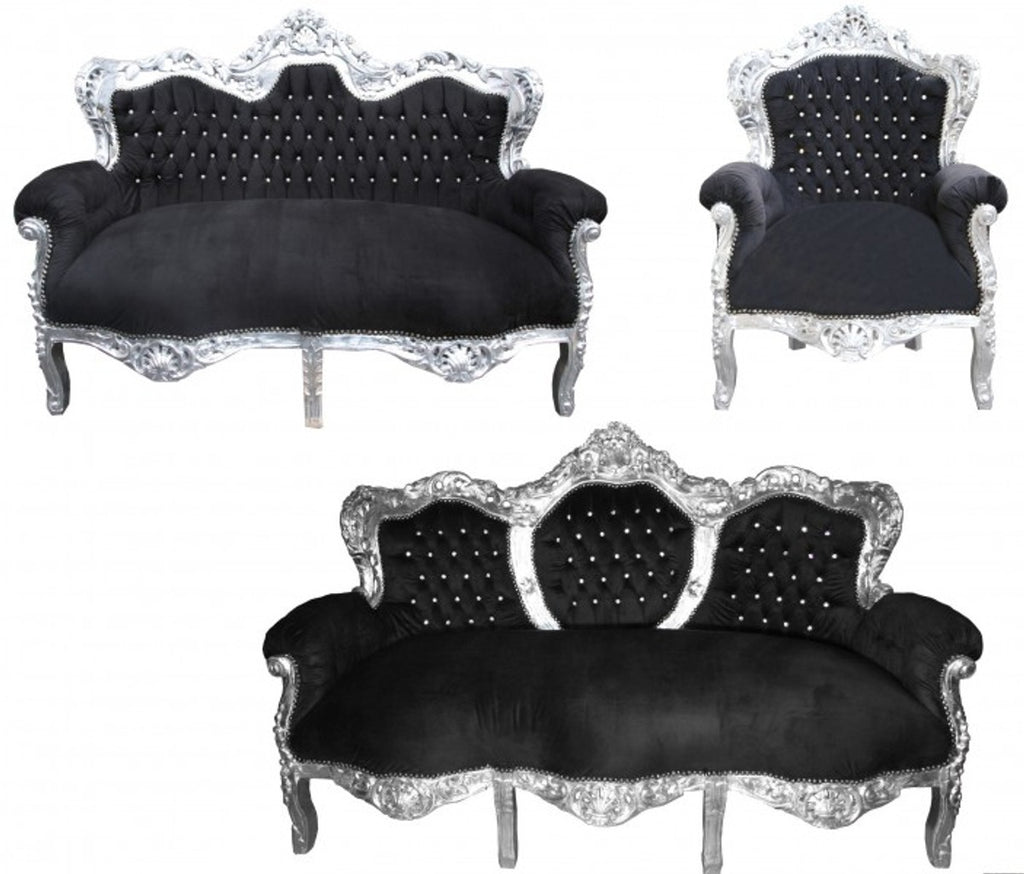 Casa Padrino Barock Wohnzimmer Set King Schwarz / Silber - 3-er Sofa, 2-er Sofa und 1 Sessel